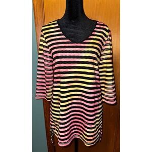 Soft Works Womens Striped Mesh V Neck Tunic Pink Yellow Swim Cover Up Medium